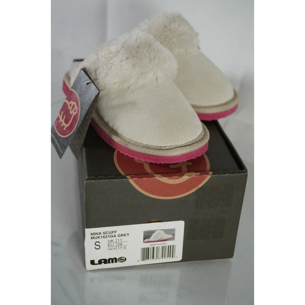 Girls LAMO Cozy Slippers Light Grey with Pink Soles Size Small 12C Warm Faux Fur